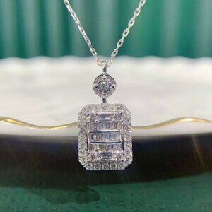 NEW 925 Sterling Silver Diamond Necklace Baguette Cut